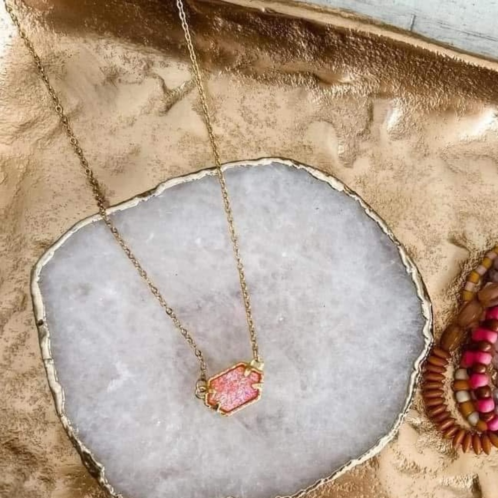 NEW Coral Druzy Necklace 18k Gold Plated - Picture 3 of 9